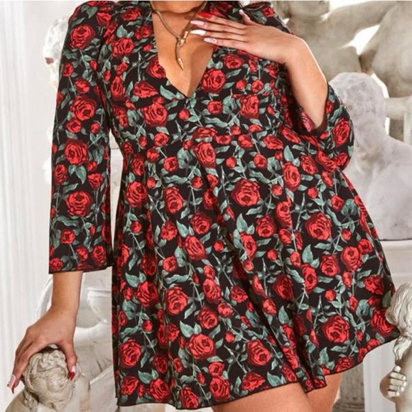 PrettyLittleThing Floral Plunging Neckline Long Sleeve Dress - 16 - Picture 8 of 8